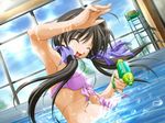  :d ahoge arm_up armpits bikini black_hair closed_eyes cloud day dutch_angle game_cg gun hair_ribbon happy indoors laughing lifeguard_chair long_hair matsuo_yukihiro memories_off navel non-web_source open_mouth pool ribbon shirakawa_hotaru side-tie_bikini sky smile solo splashing sun swimsuit twintails wading water water_gun weapon wet window 