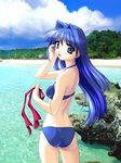  arm_up ass beach bikini blue_bikini blue_eyes blue_hair blush cloud cowboy_shot day from_behind hair_intakes halter_top halterneck hand_in_hair highres holding jpeg_artifacts kanon long_hair looking_at_viewer looking_back minase_nayuki norizou_type-r ocean open_mouth outdoors photo_background red_ribbon ribbon sky solo swimsuit water 