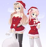  blonde_hair capelet christmas dress duplicate kakifly kusugawa_sasara long_sleeves maaryan multiple_girls ribbon-trimmed_legwear ribbon_trim santa_costume snowing strapless strapless_dress thighhighs to_heart_2 