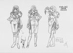  ass boots character_sheet dominura drill_hair fingerless_gloves fingernails fishnet_pantyhose fishnets gloves greyscale hair_flip hand_on_hip highres long_fingernails long_hair long_sleeves monochrome multiple_views pantyhose pose production_art side_slit simoun smile turnaround 