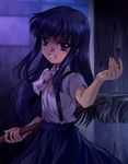  bangs beckoning blue_hair blue_skirt bow furude_rika higurashi_no_naku_koro_ni long_hair looking_at_viewer mop mutsuki_(moonknives) pink_bow purple_eyes skirt solo standing suspender_skirt suspenders 