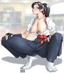  absurdres arikawa bad_proportions blush breasts gloves hakama headband highres japanese_clothes large_breasts nipples non-web_source open_clothes open_shirt ponytail puffy_nipples ryuuko_no_ken shirt snk solo tabi the_king_of_fighters toudou_kasumi 