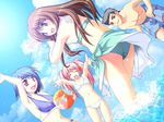  3girls aqua_sarong armpits ball beach beachball bikini blue_eyes blue_hair brown_hair closed_eyes cloud day game_cg multiple_girls nishizaki_eimu outdoors pink_eyes pink_hair ren'ai_byou sarong short_hair swimsuit twintails 