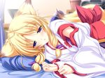  animal_ears antenna_hair bed blonde_hair blue_eyes blush detached_sleeves fox_ears fox_tail game_cg hakama highres inakoi japanese_clothes kamishiro_mutsuki long_sleeves lying miko on_side pillow red_hakama sleeping solo tail tenmaso 