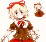  blonde_hair blush_stickers bow doll_joints dress fairy hair_bow looking_at_viewer medicine_melancholy nokishita ribbon short_hair simple_background sketch solo su-san touhou 