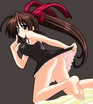  ass bare_shoulders barefoot brown_hair copyright_request dress dress_lift feet grey_background hair_ribbon index_finger_raised long_hair panties pantyshot ponytail purple_eyes ribbon soles solo toes underwear waiai white_panties 