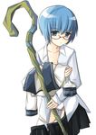  blue_eyes blue_hair glasses long_sleeves open_clothes open_shirt panties school_uniform shirt short_hair solo staff tabitha underwear undressing white_panties yuuji zero_no_tsukaima 