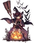  bat belt bloomers blue_eyes broom cape copyright_request full_body haccan halloween hat jack-o'-lantern pumpkin red_hair solo transparent_background underwear witch witch_hat 