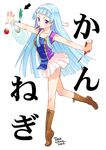  bangs blue_hair blunt_bangs boots food hairband kannagi long_hair miniskirt nagi pleated_skirt pocky purple_eyes skirt solo spring_onion task_owner white_skirt 