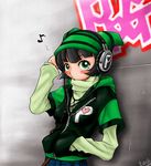  against_wall artist_request bangs beanie black_hair blunt_bangs buttercup_(ppg) clothes_writing contemporary eighth_note green_eyes hand_in_pocket hat heart long_sleeves looking_at_viewer matsubara_kaoru musical_note powerpuff_girls short_hair solo standing zipper 
