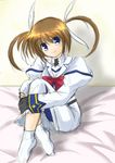  bow fingerless_gloves gloves hair_ribbon long_sleeves lyrical_nanoha magical_girl mahou_shoujo_lyrical_nanoha mahou_shoujo_lyrical_nanoha_a's nanaume_(shichimi_tougarashi) purple_eyes red_bow red_hair ribbon socks solo takamachi_nanoha twintails 