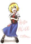  ;d alice_margatroid alice_margatroid_(cosplay) blonde_hair cosplay crossover fang higurashi_no_naku_koro_ni houjou_satoko nightea ojou-sama_pose one_eye_closed open_mouth pantyhose parody red_eyes smile solo touhou 