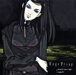  album_cover black_hair blue_eyes cover ergo_proxy eyeshadow highres long_coat long_hair long_sleeves makeup onda_naoyuki re-l_mayer solo 