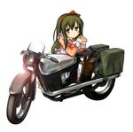  bangs bow brough_superior green_hair ground_vehicle hair_bow hairband hermes kino kino_no_tabi long_sleeves motor_vehicle motorcycle negy red_bow solo younger 