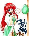  blue_eyes blush braid braiding_hair hairdressing hat hat_removed headwear_removed heart hisame_genta hong_meiling long_hair puffy_short_sleeves puffy_sleeves red_hair short_sleeves solo spoken_heart text_focus touhou white_background 