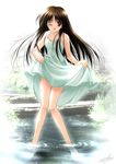  brown_eyes brown_hair collarbone copyright_request dress green_dress long_hair one_eye_closed sakaki_maki skirt skirt_lift smile solo water 