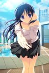  adjusting_hair blue_eyes blue_hair city day fountain game_cg hands highres kaneda_haruka nishizaki_eimu outdoors outstretched_arm outstretched_hand reaching skirt solo tokyo_fuusa wind 