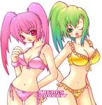  artist_request beatmania beatmania_iidx bemani bikini blush breasts cleavage green_eyes green_hair hits huge_breasts kitami_erika lace lowres mizushiro_celica multiple_girls pink_eyes pink_hair ponytail side-tie_bikini swimsuit twintails 