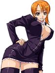  breasts cleavage cosplay huge_breasts kagami_hirotaka long_sleeves miniskirt nami_(one_piece) nico_robin nico_robin_(cosplay) one_piece orange_hair pencil_skirt skirt solo thighhighs thighs unzipped zettai_ryouiki 