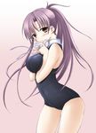  artist_request black_school_swimsuit breast_squeeze breasts brown_eyes choker copyright_request huge_breasts impossible_clothes long_hair navel one-piece_swimsuit purple_hair school_swimsuit solo swimsuit 