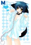  animal_ears blue_hair bone bottomless chain collar copyright_request dog_ears long_sleeves mouth_hold paw_pose sakurazawa_izumi solo tail yellow_eyes 