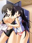  2girls ariga_mikoto black_bra black_hair black_panties blush bow bow_panties bra bra_pull breast_grab breasts clenched_teeth game_cg grabbing groping hair_ornament hairclip lace lace-trimmed_bra lace-trimmed_panties large_breasts lingerie locker locker_room long_hair mikuni_shizune multiple_girls natsuiro_komachi no_pants off_shoulder open_bra open_clothes open_shirt panties purple_eyes red_eyes red_panties school_uniform shirt strap_slip striped striped_panties surprised teeth underwear underwear_only undressing very_long_hair yuri yuuki_makoto_(radiant) 