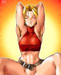  arikawa armpit_hair armpits arms_up belt blonde_hair blue_mary bottomless breasts closed_eyes covered_nipples cum facial fatal_fury halterneck large_breasts midriff muscle pubic_hair short_hair snk solo spread_legs sweat the_king_of_fighters 