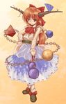  black_footwear bow brown_eyes brown_hair chain cube dress hair_bow horns ibuki_suika konoe_yuba long_hair orange_background pyramid_(geometry) red_bow see-through shoes solo sphere standing touhou 