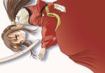  artist_request bakumatsu_rouman brown_hair hair_ornament hakama japanese_clothes long_hair long_sleeves lying on_side orange_eyes ponytail red_hakama snk solo takane_hibiki 