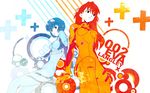  ayanami_rei blue_hair multiple_girls neon_genesis_evangelion plugsuit sadamoto_yoshiyuki souryuu_asuka_langley wallpaper 