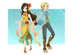  1boy 1girl bad_id bad_pixiv_id black_hair blonde_hair boots brown_eyes couple dress final_fantasy final_fantasy_ix garnet_til_alexandros_xvii green_eyes hair_ornament hetero kaze25 long_hair pants photoshop_(medium) zidane_tribal 