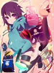  aihara_shouta amplifier food guitar hood hood_down hoodie instrument juice_box macaron milk orange_amplifiers original purple_eyes short_hair shorts solo thighhighs 