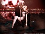  anna blonde_hair carnevale_della_luce_della_luna cigarette long_hair maid moon red_eyes short_hair signed tagme_(character) tie water white_hair 