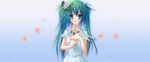  blue_eyes blush dress dualscreen flowers green_hair hatsune_miku long_hair ribbons twintails vocaloid 