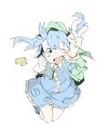  :d backpack bag blue_eyes blue_hair happy hat jumping kawashiro_nitori key oguro_(moyashi_2-hon) one_eye_closed open_mouth smile solo touhou twintails v 