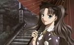  black_hair blue_eyes fate/stay_night japanese_clothes kimono long_hair rain ribbons scan tohsaka_rin twintails umbrella 