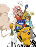  2boys bad_id bad_pixiv_id beamed_eighth_notes boots crossover eighth_note flcl goggles ground_vehicle guitar inazuma_eleven inazuma_eleven_(series) instrument ksosys male_focus motor_vehicle motorcycle multiple_boys musical_note pink_hair scooter tachimukai_yuuki tsunami_jousuke vespa 