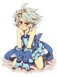  1boy blue_eyes blush child crossdress crossdressing full_body hashiko_(pecopom) houshou_hanon inazuma_eleven inazuma_eleven_(series) male_focus shota solo suzuno_fuusuke white_background white_hair 