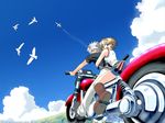  bird brown_eyes brown_hair character_request cloud grey_eyes groove_adventure_rave motorcycle open_mouth sky white_hair 