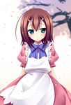  apron baka_to_test_to_shoukanjuu blush brown_hair cherry_blossoms green_eyes hair_ornament hairclip kinoshita_hideyoshi male_focus otoko_no_ko petals solo wind zinno 