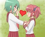  blue_eyes blush breast_grab chunpai flat_chest flat_chest_grab grabbing green_eyes green_hair guided_breast_grab heart iwasaki_minami kobayakawa_yutaka lucky_star multiple_girls pink_neckwear red_hair ryouou_school_uniform school_uniform serafuku short_hair twintails yuri 