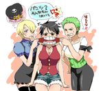  3girls angry bandanna black_hair blonde_hair brook cigarette earrings fingersmile genderswap green_hair hair_over_one_eye haramaki jewelry luffyko monkey_d_luffy multiple_girls necktie one_piece roronoa_zoro sanji sanjiko shorts smoking thighhighs translation_request yui_(kari) 