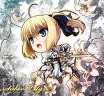  ahoge armor armored_dress artoria_pendragon_(all) blonde_hair chibi detached_sleeves dress fate/stay_night fate/unlimited_codes fate_(series) flower gauntlets green_eyes ponytail saber saber_lily solo sword weapon yone 