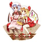  ankle_ribbon bad_id bad_pixiv_id basket bat_wings blonde_hair blue_hair bow candy checkered checkered_floor flandre_scarlet food hat lollipop multiple_girls polka_dot polka_dot_legwear pop_(lovelikepop) red_eyes remilia_scarlet ribbon siblings sisters swirl_lollipop thighhighs touhou wings 