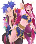  1girl blue_footwear blue_hair boots breasts cleavage cosplay couple hetero judith judith_(cosplay) kamina medium_breasts midriff mosako raven_(tales) raven_(tales)_(cosplay) red_eyes red_hair tales_of_(series) tales_of_vesperia tengen_toppa_gurren_lagann yellow_eyes yoko_littner 