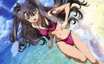  barefoot beach bikini black_hair blue_eyes fate/stay_night long_hair ribbons sky swimsuit tohsaka_rin twintails water 