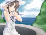  blue_eyes brown_hair character_request hat highres ocean solo wallpaper 