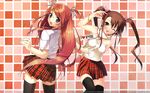  blush brown_hair kantoku orange_hair red_eyes ribbons scarf seifuku thigh-highs twintails violet_eyes 