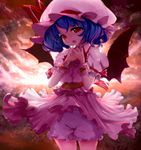 backlighting bat_wings bloomers blue_hair hands_together hat head_tilt kasutaso open_mouth red_eyes remilia_scarlet short_hair shy solo sunset touhou underwear wings wrist_cuffs 