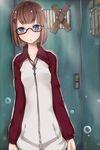  bad_id bad_pixiv_id blue_eyes blush brown_hair glasses hair_ornament hairclip jacket koko_shiguma original short_hair solo 